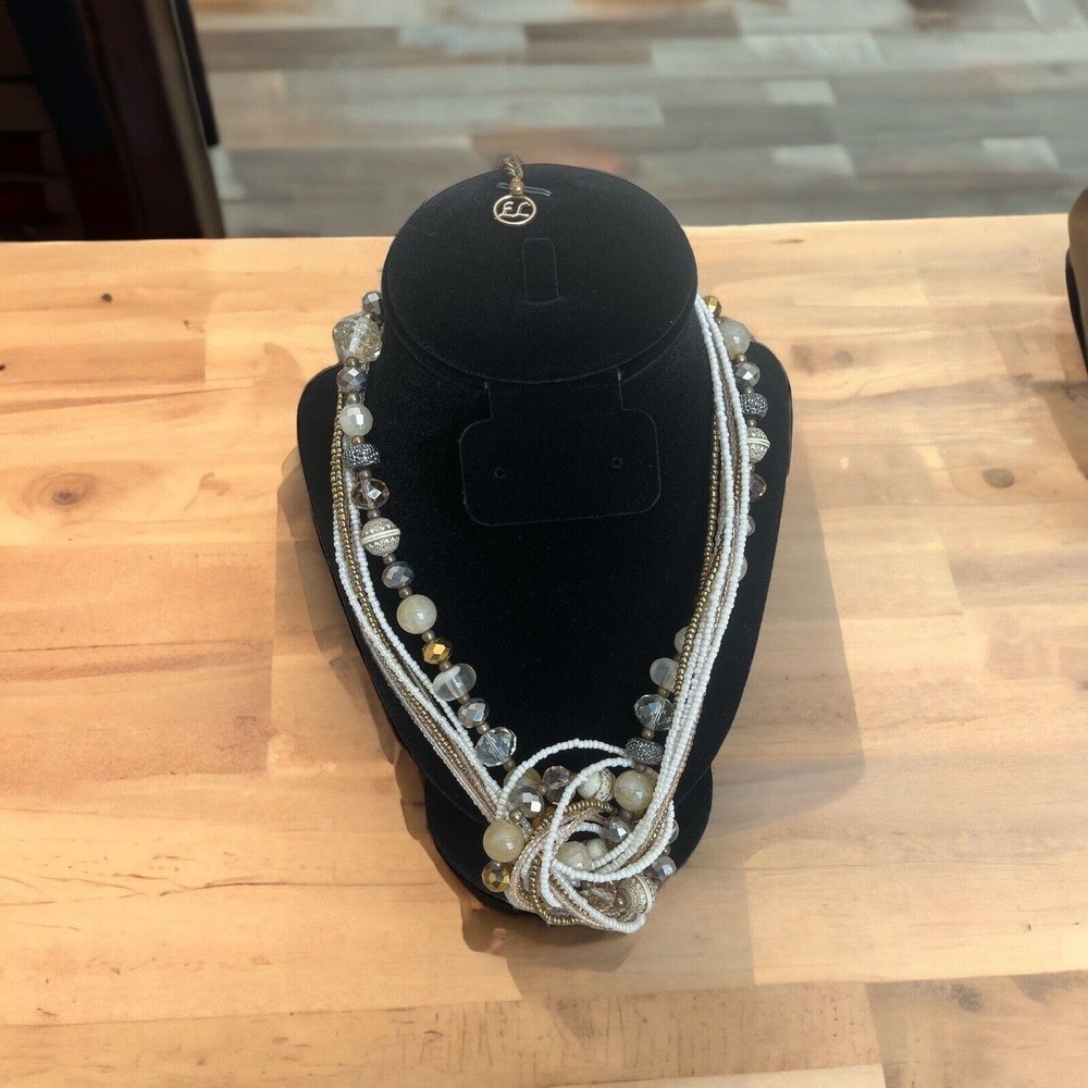 Faux Pearl Gold Tone Beaded Layered Multi-strand Necklace 16-18”